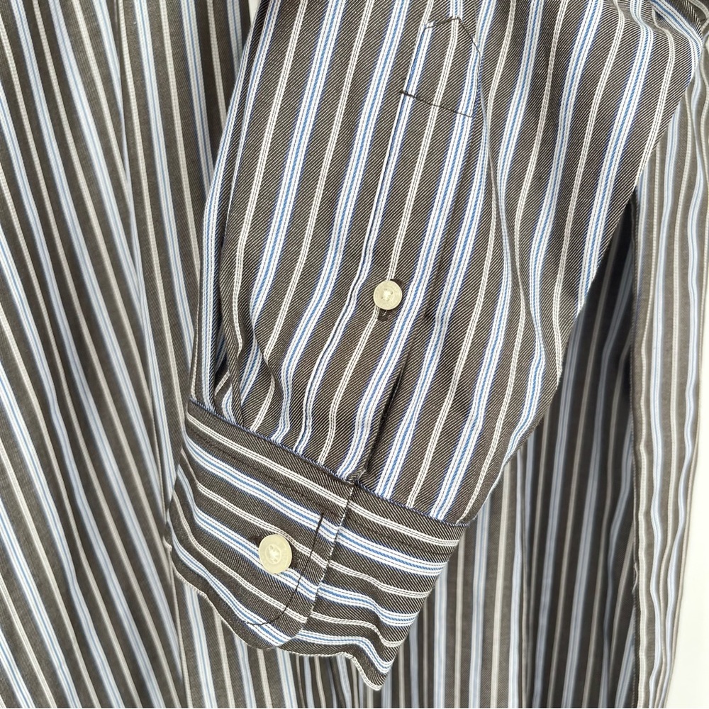New CHAPS Button-Down Mens Large 100% Cotton Long Sleeve Grey Blue White Stripes - Picture 6 of 14